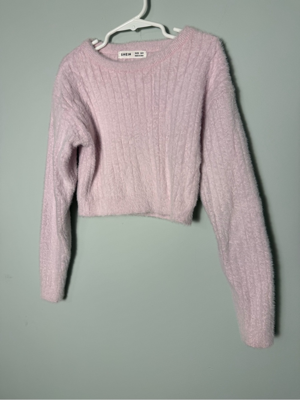 SHEIN Girls Soft Ribbed Fuzzy Crop Sweater in Light Pink Size 10Y